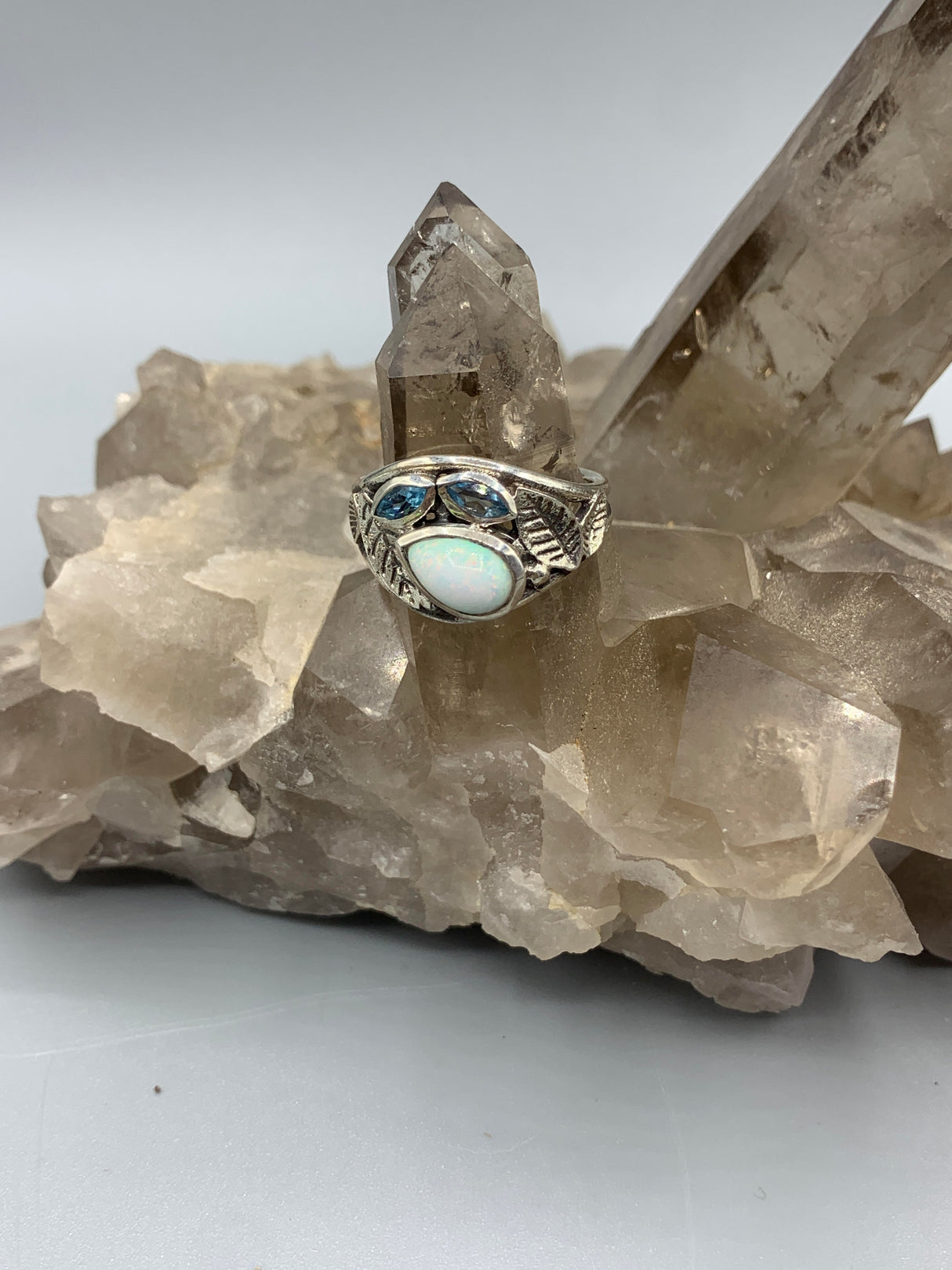 Sterling Silver Lab Opal & Blue Topaz Ring - Size 9
