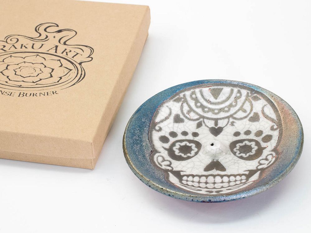 Raku Incense Burner - Skull (4.5"D)