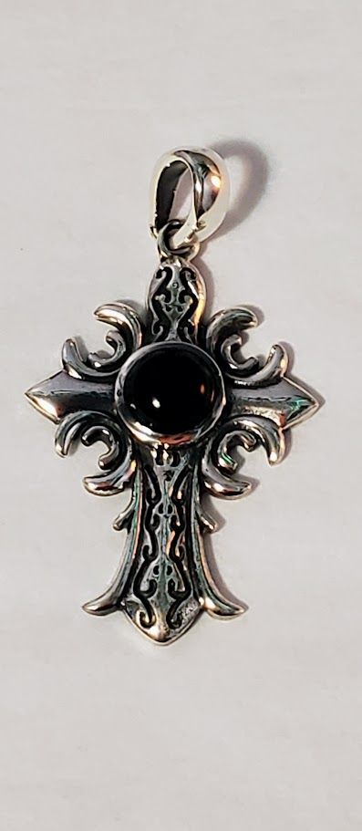 Sterling Silver Black Obsidian Cross Pendant