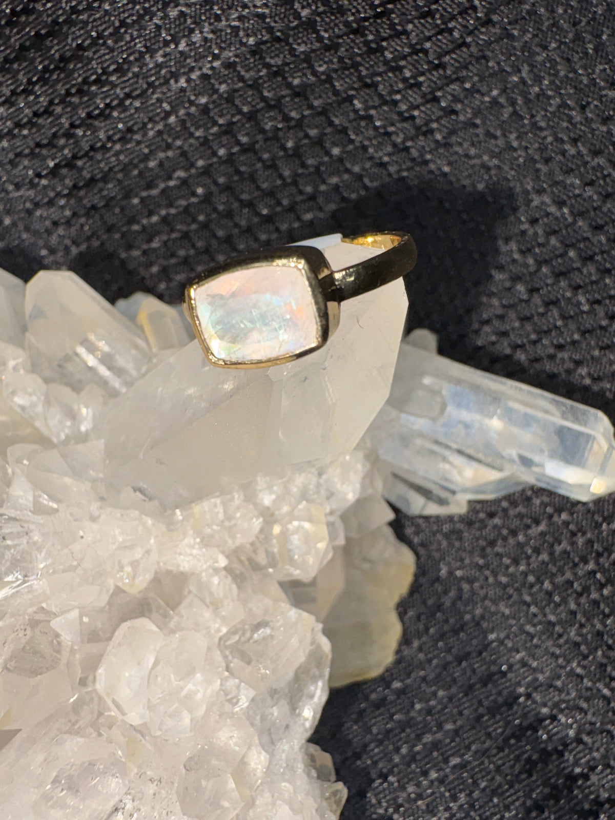 Gold Alloy Rainbow Moonstone Ring - Size 7