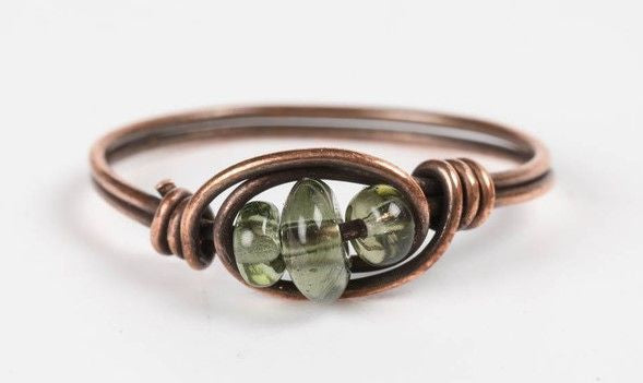 Moldavite Beads Copper Ring 9