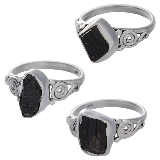 Sterling Silver Black Tourmaline Spiral Ring - Size 7