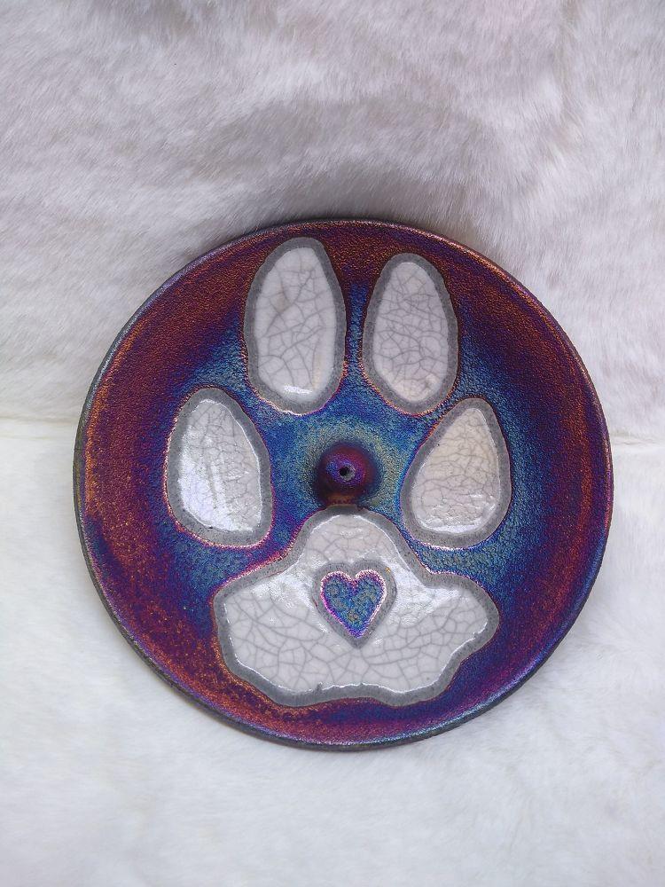 Raku Incense Burner - Paw Print (4.5"D)
