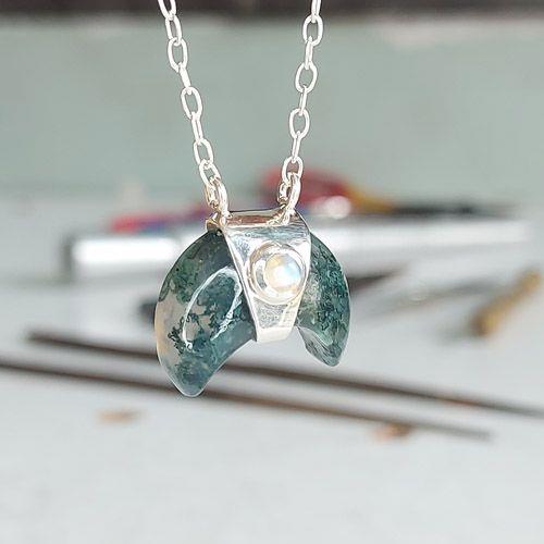 Moss Agate & Moonstone Crescent Moon Necklace