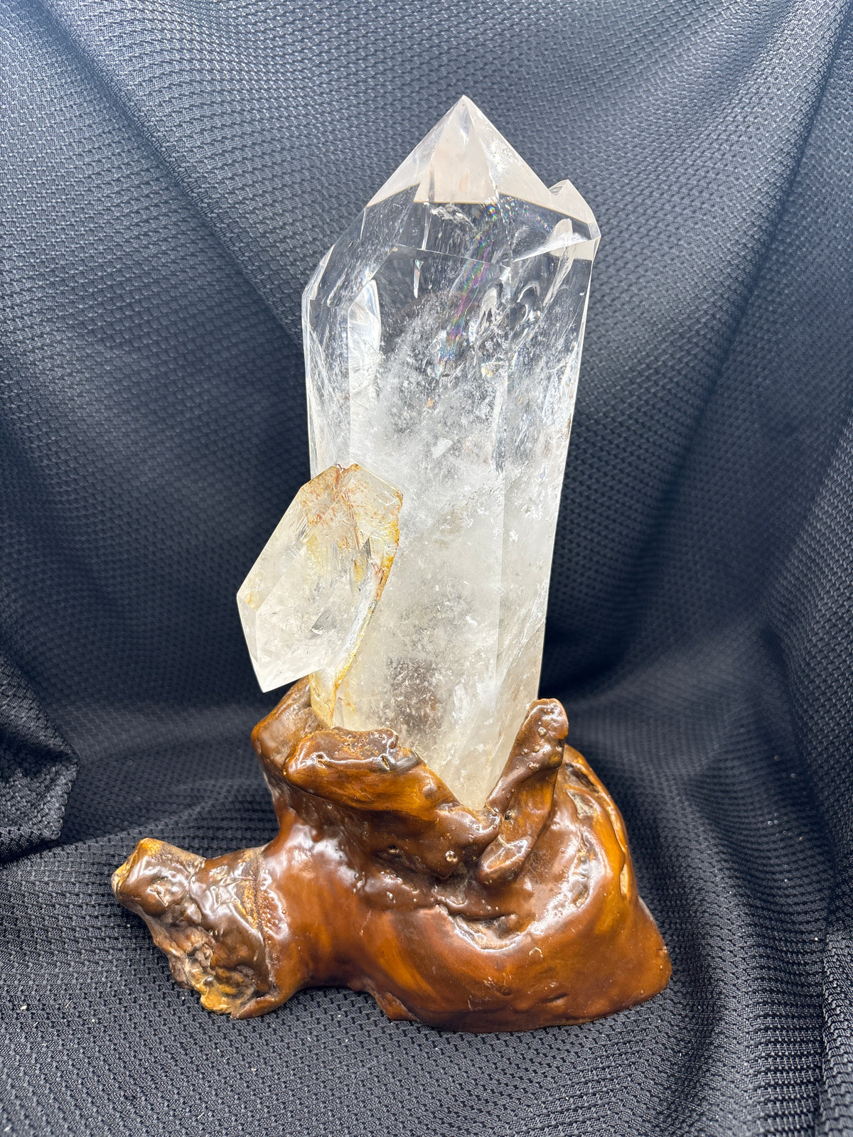 Clear Quartz Point with Custom Wood Stand (10.5"H)
