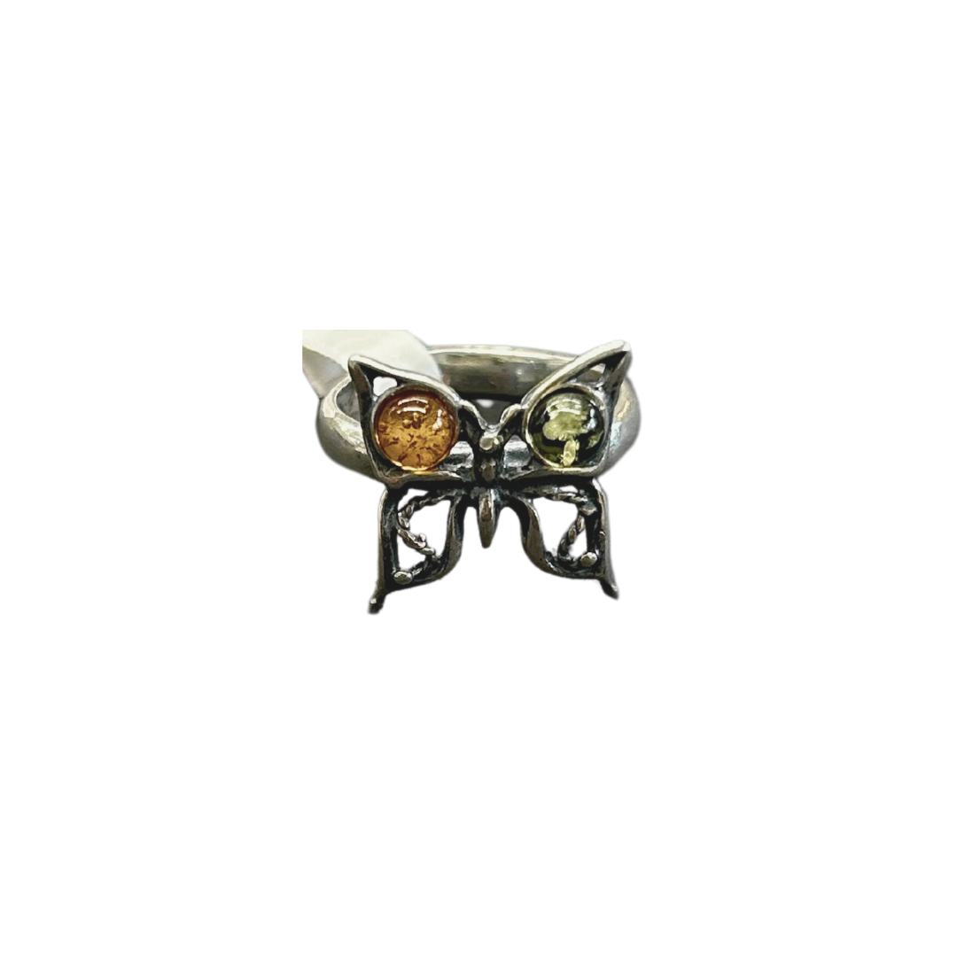 Sterling Silver Amber Butterfly Ring - Size 6