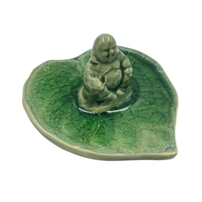 Buddha on Leaf Ceramic Incense Burner 3.25"