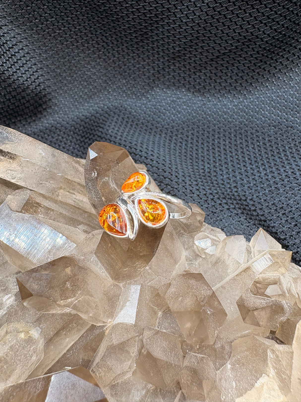Sterling Silver Triple Amber Ring - Size 6