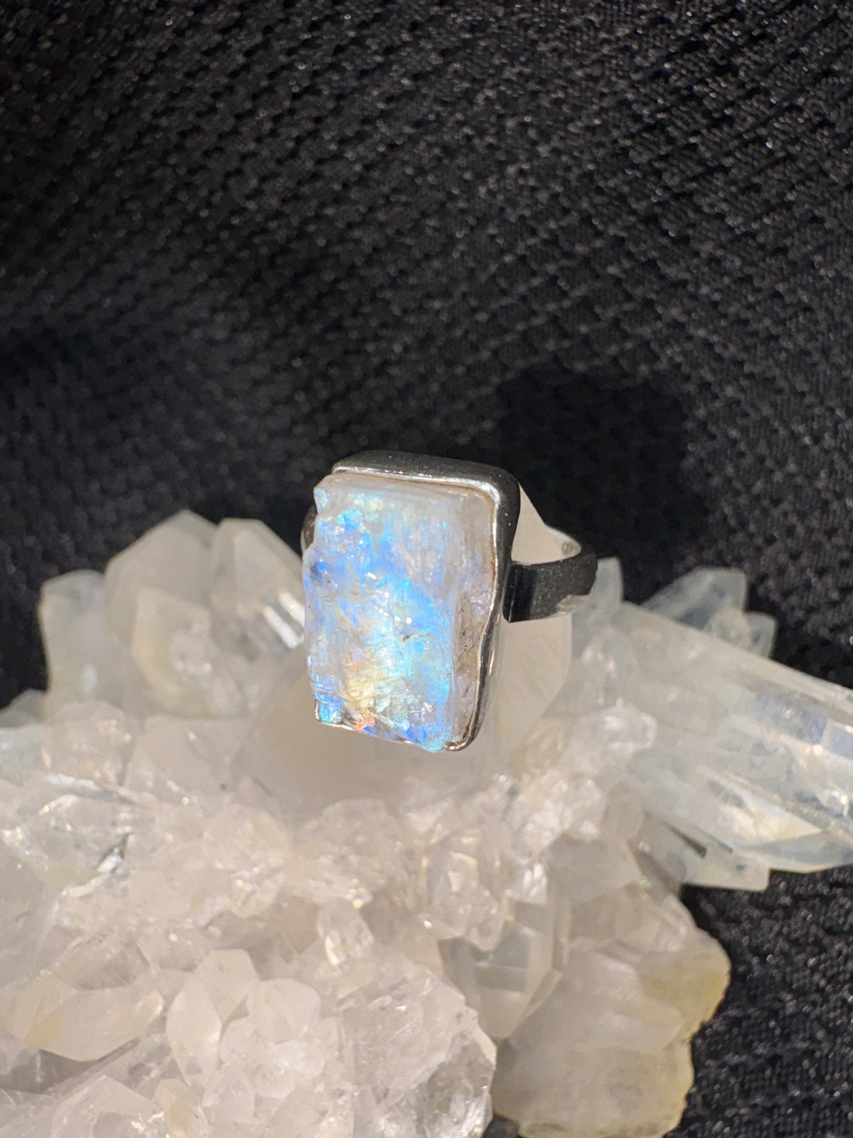 Sterling Silver Raw Blue Fire Moonstone Ring - Size 6