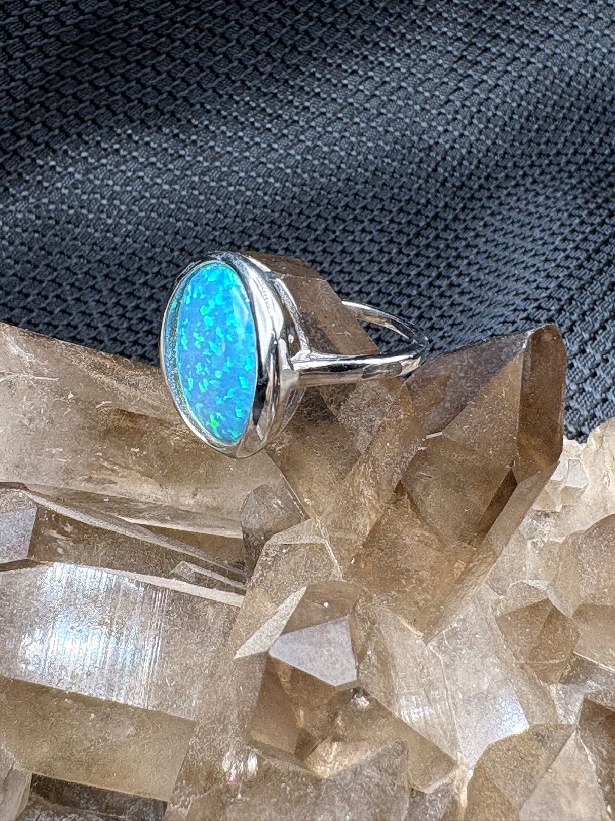 Sterling Silver Lab Opal Oval Ring - Size 9