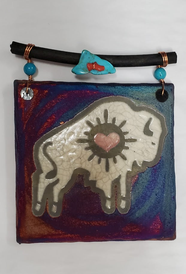 Raku Tile - Heart Bison
