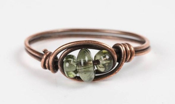 Moldavite Beads Copper Ring 7.5