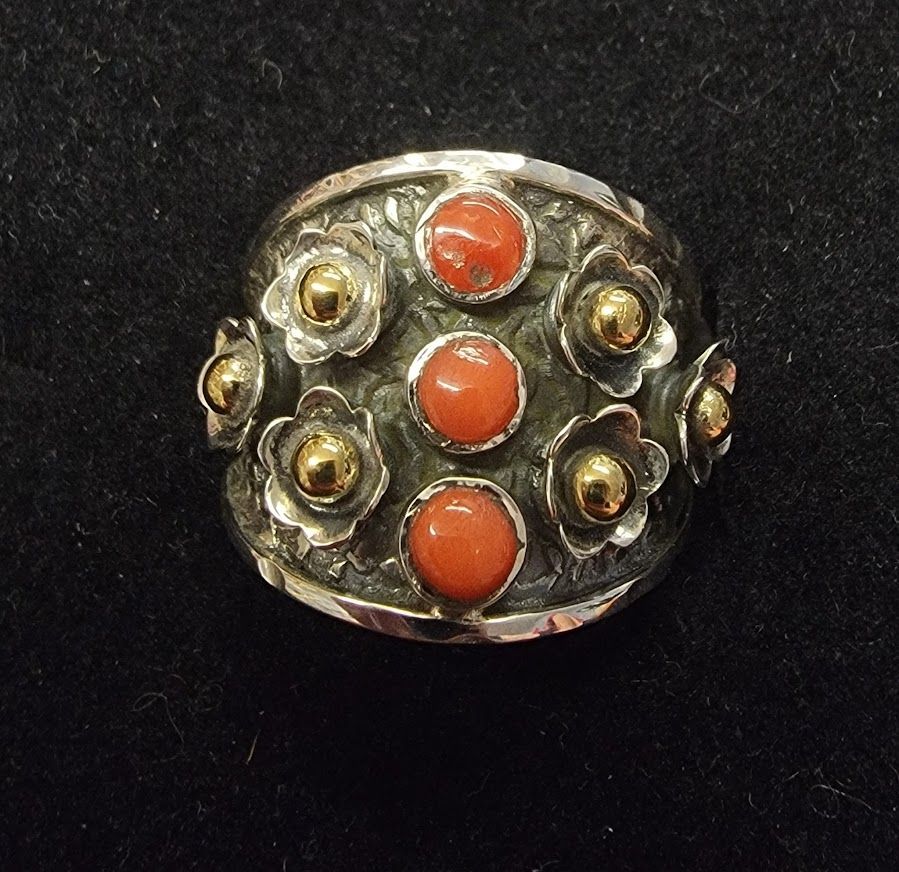 Sterling Silver Coral Ring - Size 9