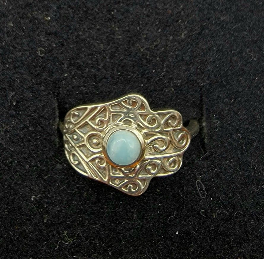 Sterling Silver Hamsa Hand Larimar Ring - Size 7
