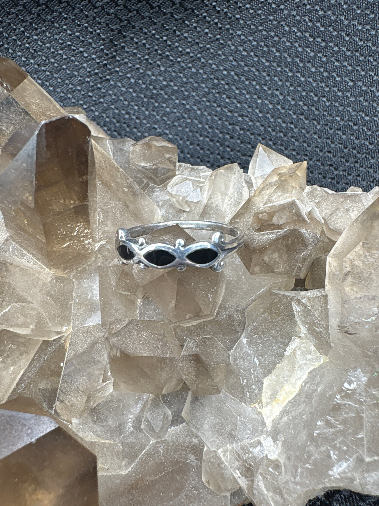 Sterling Silver Triple Black Onyx Ring - Size 7.5