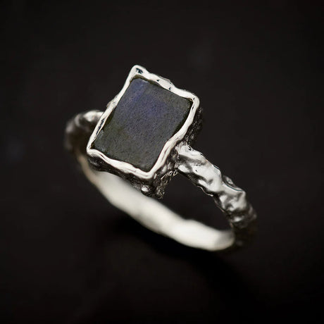 Sterling Silver Hammered Finish Ring - Assorted Gemstone