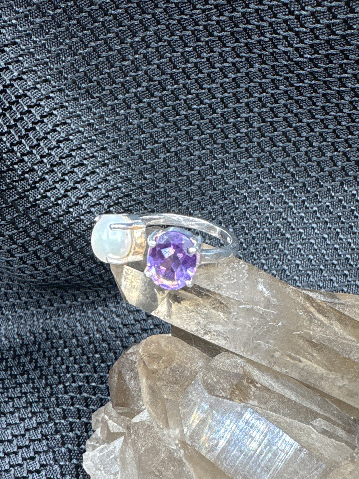Sterling Silver Amethyst & Pearl Ring - Size 7.5