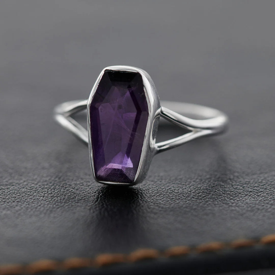 Sterling Silver Coffin Ring - Assorted Gemstone & Size