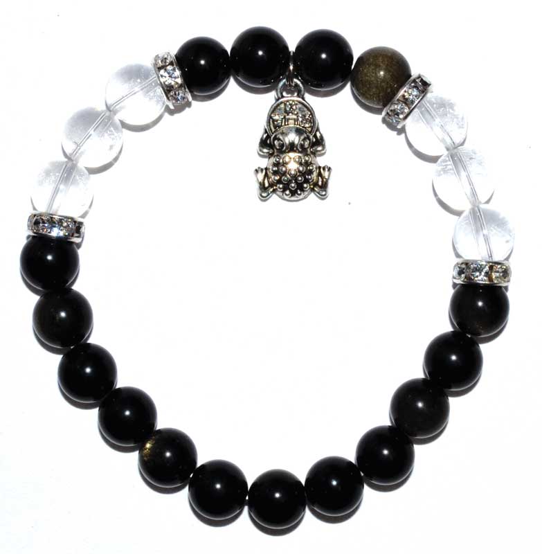 Obsidian & Quartz Frog Bracelet