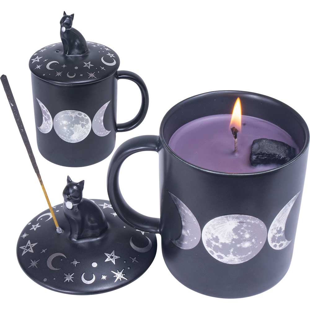 Black Cat w/ Moon Phases - 3 in 1 Ceramic Coffee Mug, Candle & Incense Holder (Copy)