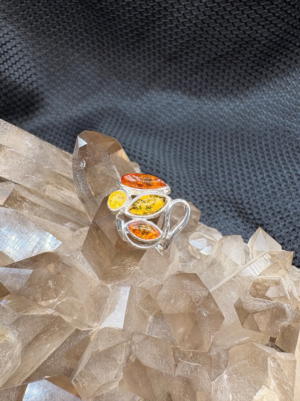 Sterling Silver Amber Cluster Ring - Size 7