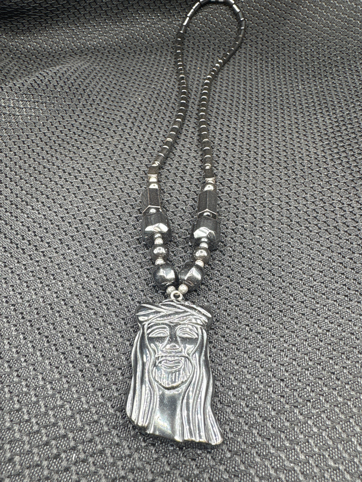 Hematite Jesus Beaded Necklace