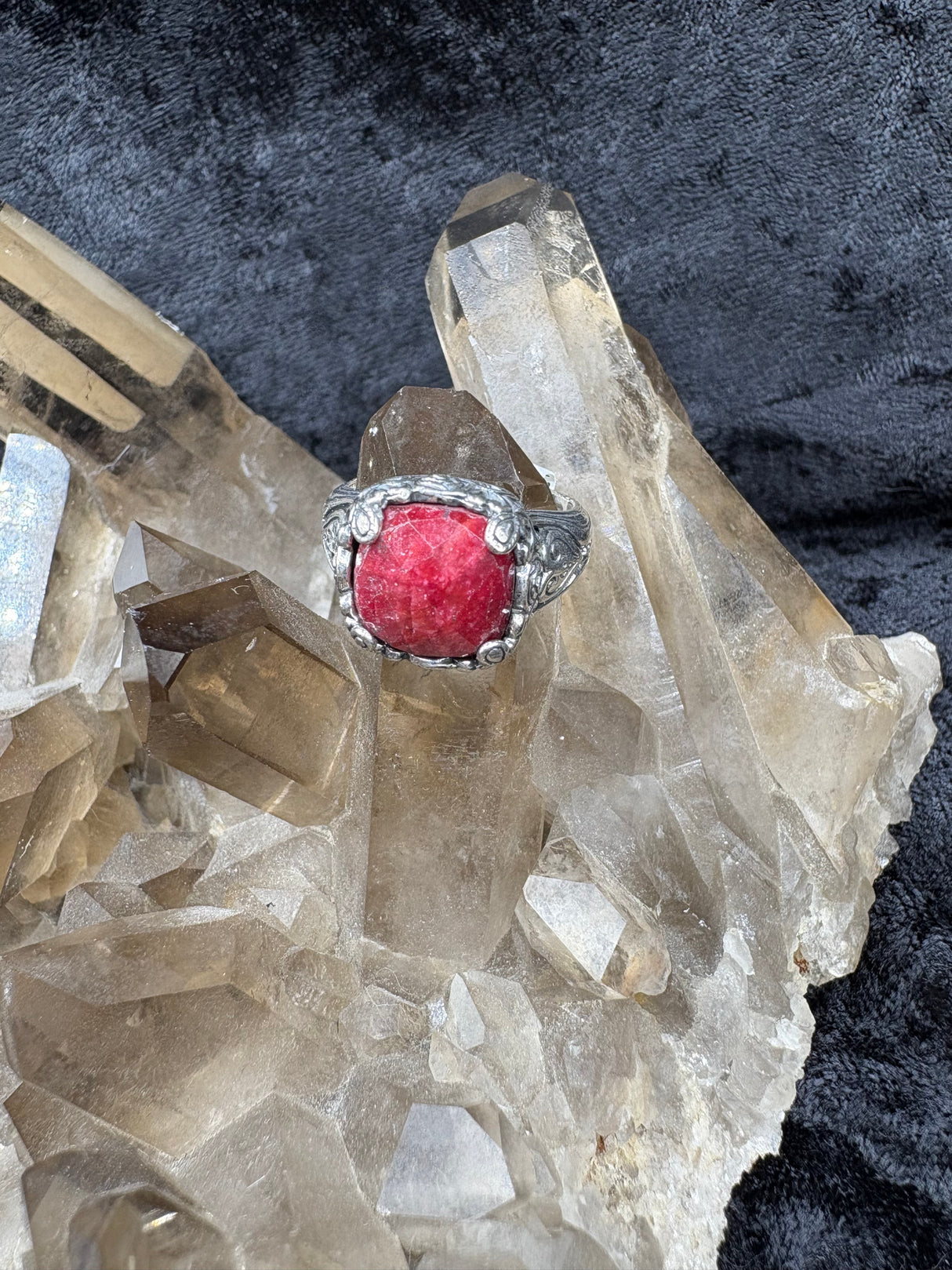 Sterling Silver Ruby Faceted w/ Hearts Ring - Size 7