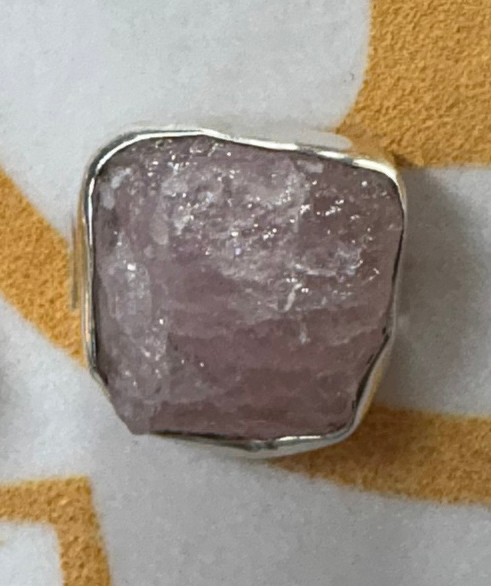 Sterling Silver Large Raw Morganite Ring - Size 10