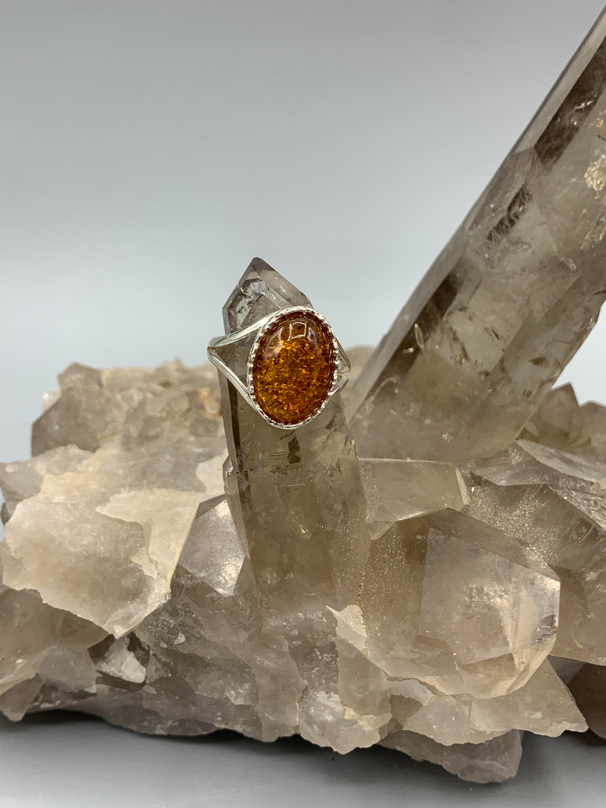 Sterling Silver Amber Ring - Size 8